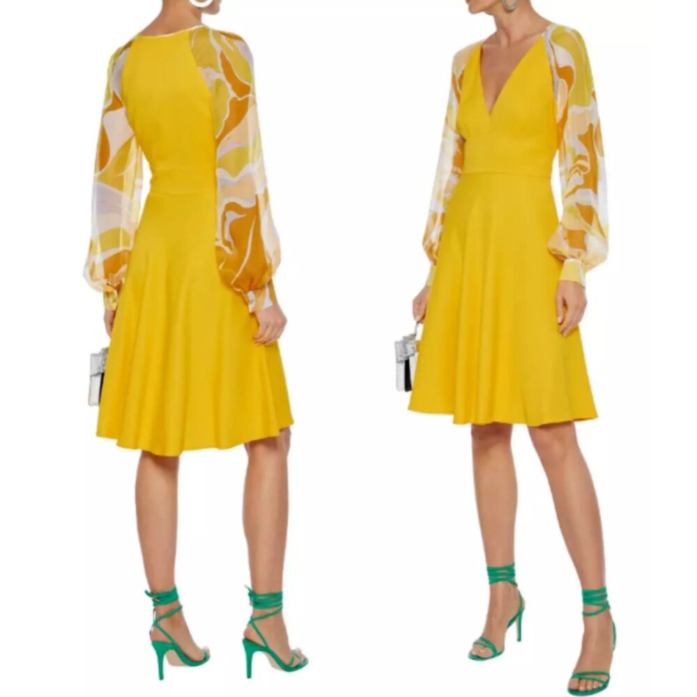 EMILIO PUCCI Yellow Printed chiffon-paneled cady dress sz US S /IT 42 $1565